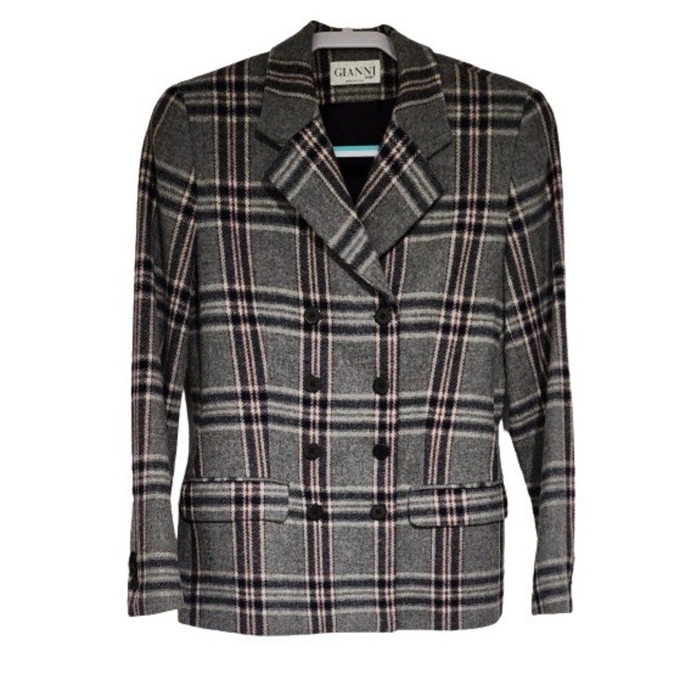 Gianni Sport USA Womens Wool-Blend Plaid Double-Breasted Jacket Gray Size 4/6